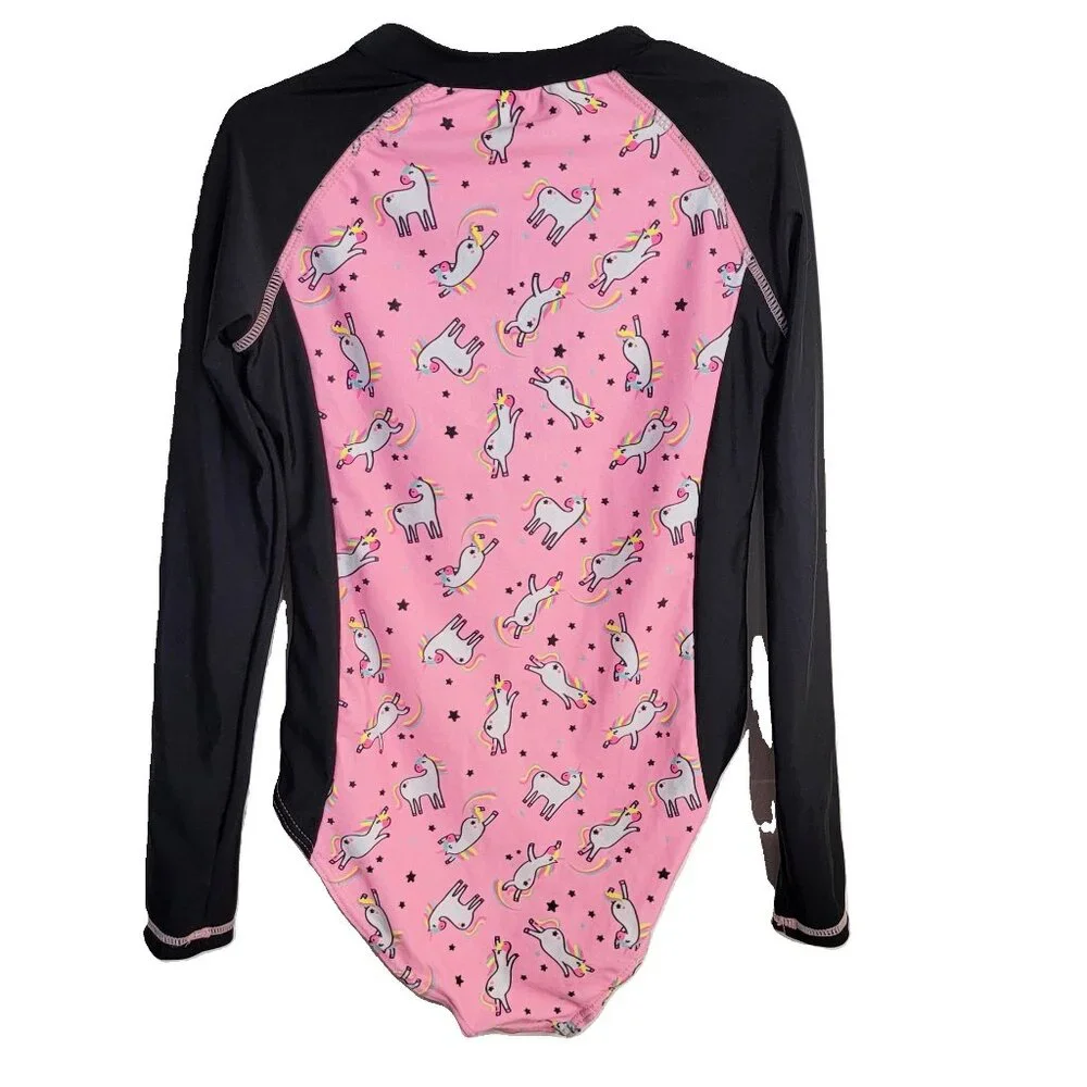 SHEIN Girls Unicorn Bodysuit Size  10- 12 Pink Black – Long Sleeve  One Piece